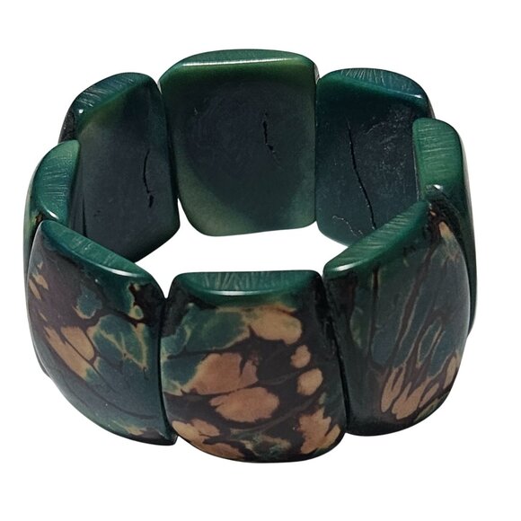 Abstract Art Deco Resin Green Brown Chunky Stretch Bracelet Boho Fashion Jewelry - Picture 1 of 4